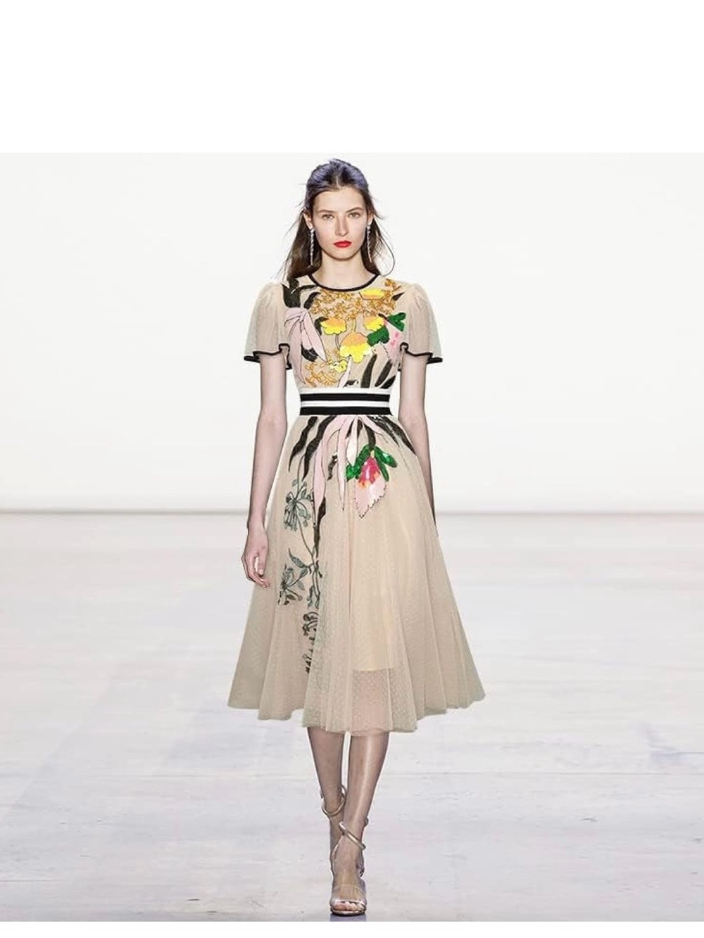 Floral Embroidered Beige Midi Dress with Black Waistband